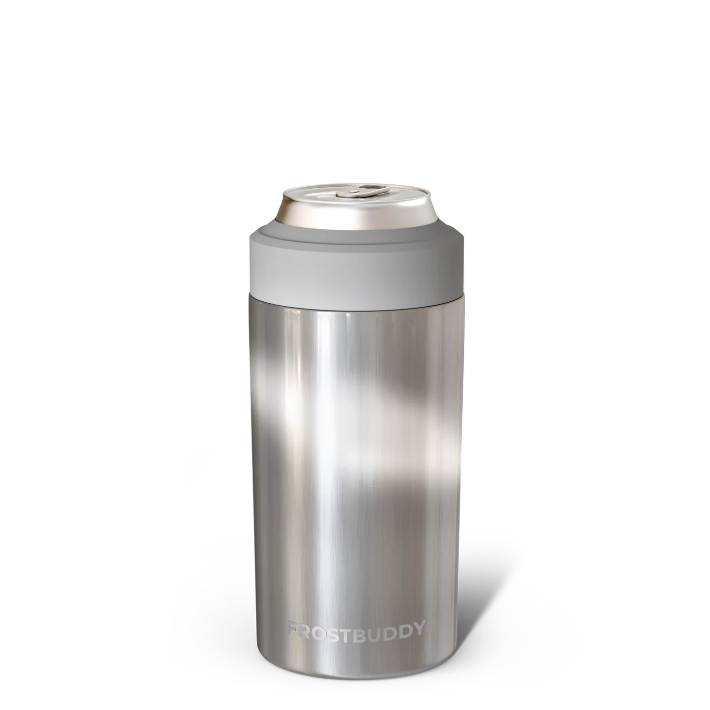 Doodlations Coffee Bar & Boutique Frost Buddy universal can cooler in brushed silver with a grey top.
