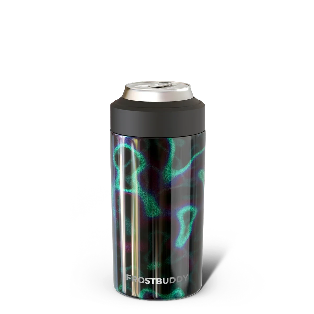 Doodlations Coffee Bar & Boutique Frost Buddy Universal Buddy can cooler with a swirling green and purple abstract pattern.