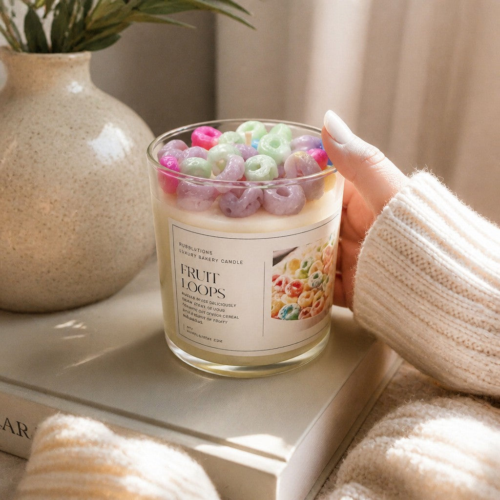 Doodlations Coffee Bar & Boutique Fruit Loop luxury candle with colorful cereal wax toppings in a glass jar