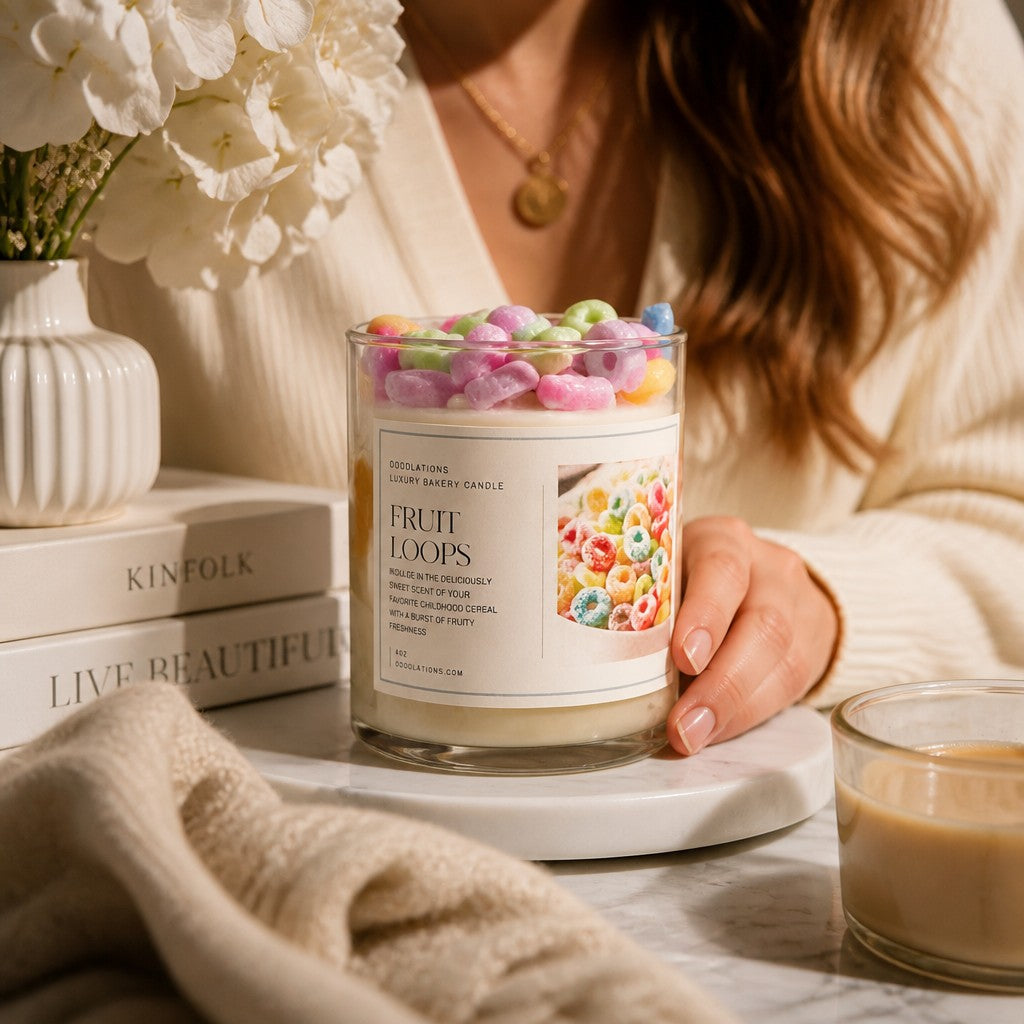 Doodlations Coffee Bar & Boutique Fruit Loop luxury candle topped with colorful cereal pieces on a marble surface.