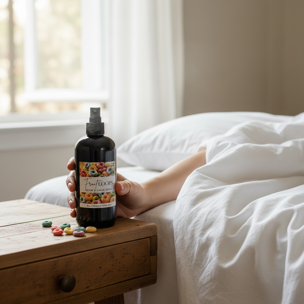 Doodlations Coffee Bar & Boutique Fruit Loop room and linen spray bottle held by a hand on a wooden bedside table.