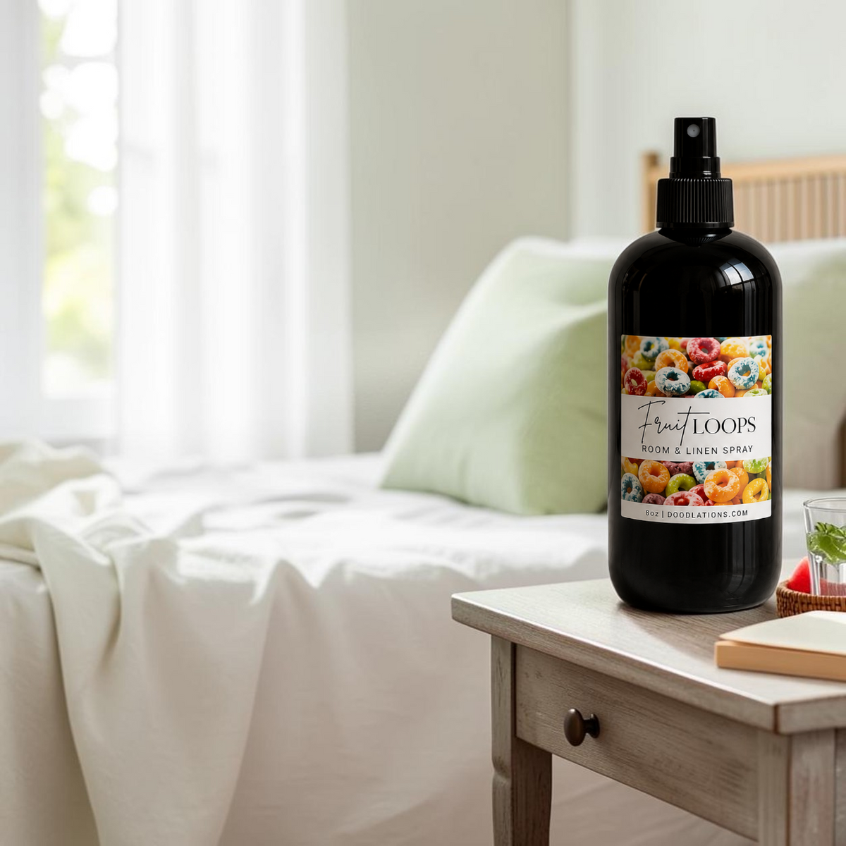 Doodlations Coffee Bar & Boutique Fruit Loop room and linen spray in a black bottle on a bedside table.