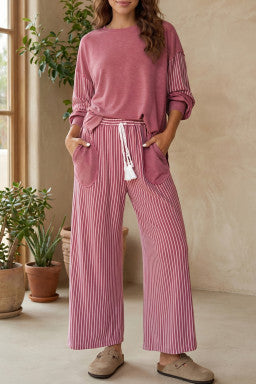 Doodlations Coffee Bar & Boutique fuchsia long sleeve top and striped wide-leg pants set with pockets