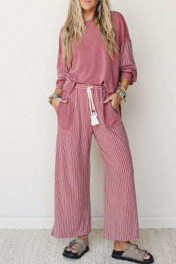 Doodlations Coffee Bar & Boutique fuchsia patchwork long sleeve top and striped wide-leg pants 2-piece set
