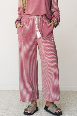 Doodlations Coffee Bar & Boutique fuchsia striped wide-leg pants with raw seam pockets and a drawstring waist