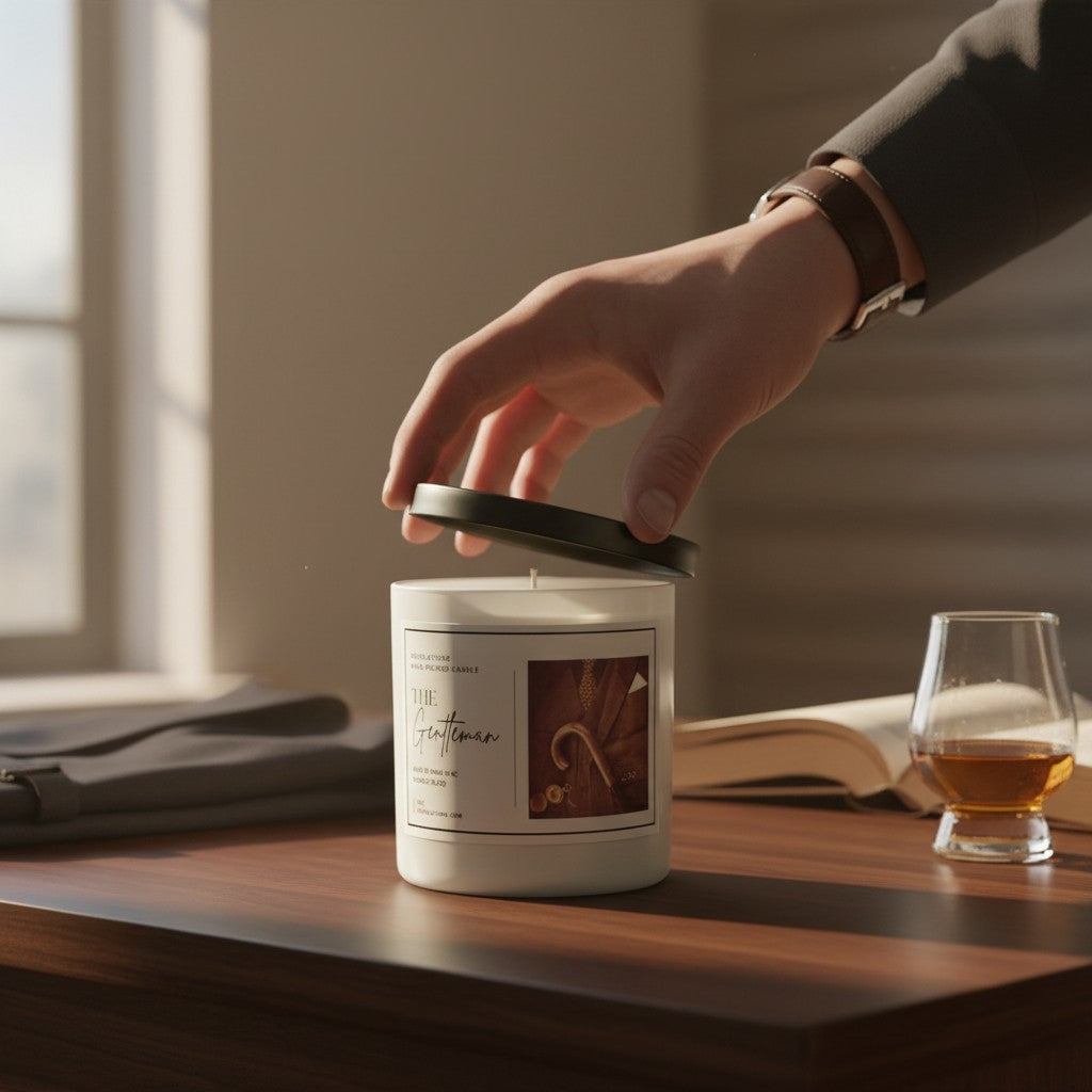 Doodlations Coffee Bar & Boutique The Gentleman luxury candle being opened on a desk with a glass of whiskey