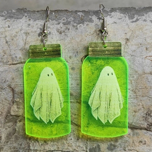 Doodlations Coffee Bar & Boutique neon green acrylic mason jar dangle earrings featuring a ghost graphic