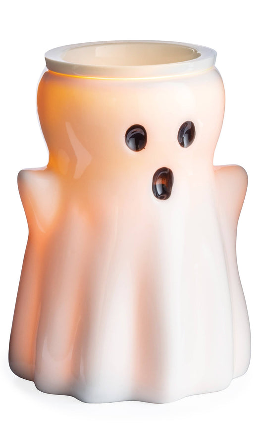 Doodlations Coffee Bar & Boutique glossy ceramic ghost fragrance warmer with a soft glowing light for Halloween decor.