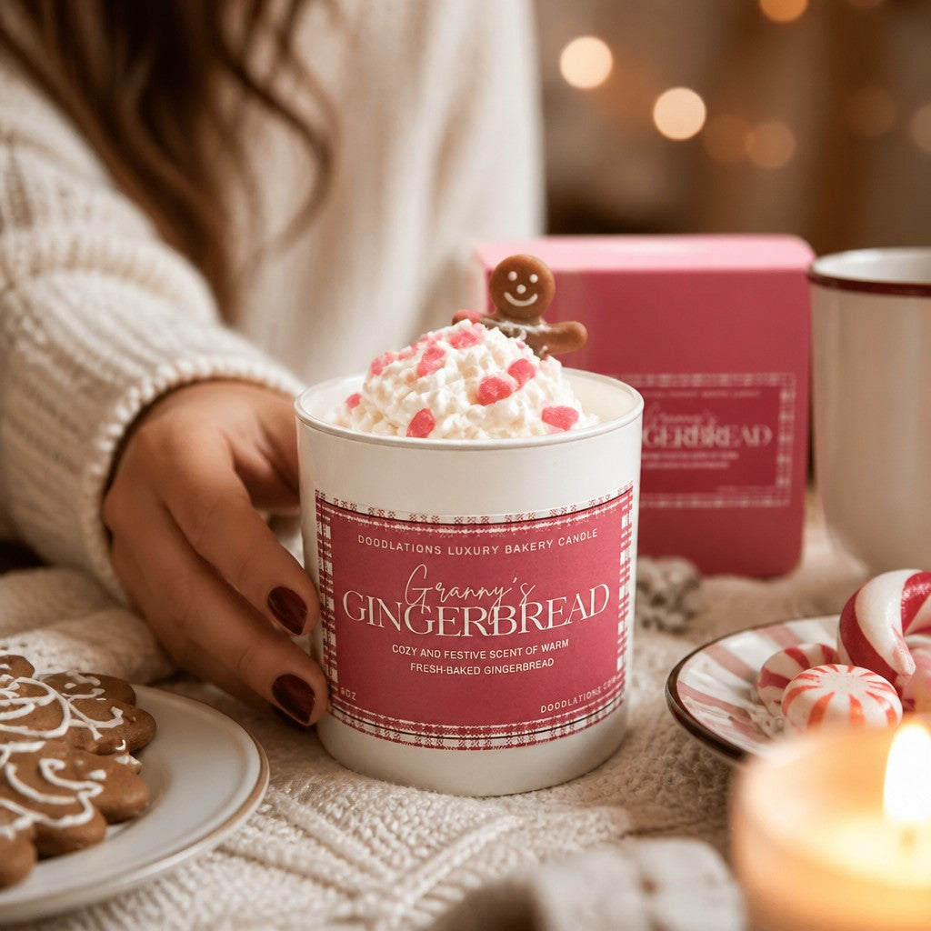 Doodlations Coffee Bar & Boutique Christmas Gingerbread candle with whipped wax topping and a gingerbread man charm.
