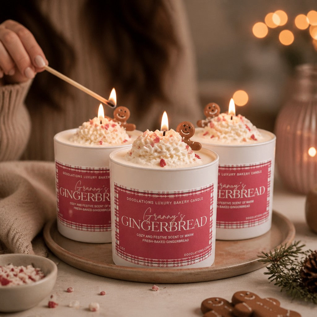 Doodlations Coffee Bar & Boutique Christmas Gingerbread luxury candles with whipped wax tops and gingerbread men.