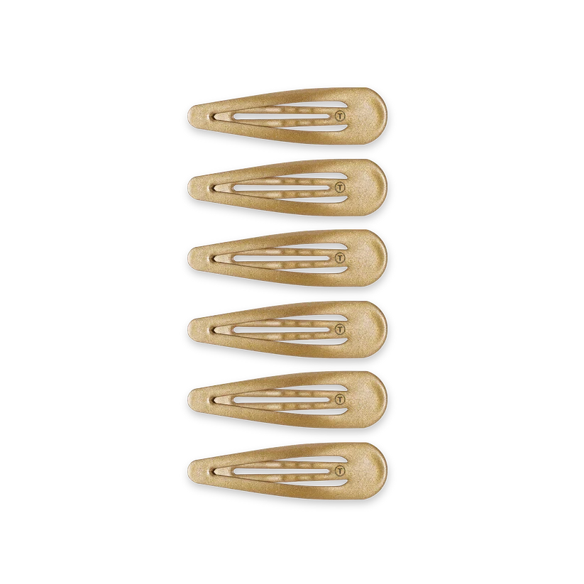 Set of six gold TELETIES Snap Clip hair clips with a smooth, snag-free finish from Doodlations Coffee Bar & Boutique
