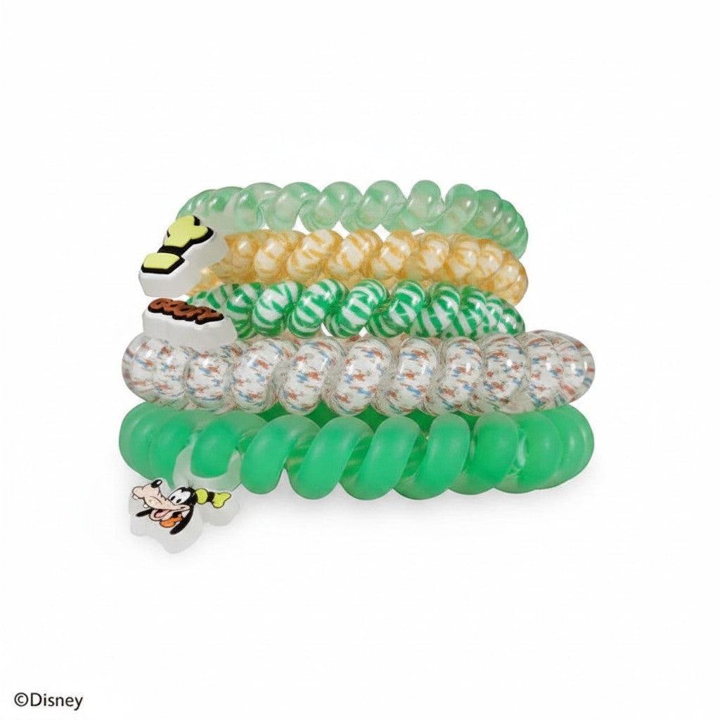 Doodlations Coffee Bar & Boutique Disney Goofy spiral hair ties in green and yellow with character charms.