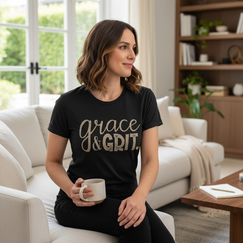 Woman wearing a black Doodlations Coffee Bar & Boutique Lulu Mac Grace and Grit graphic t-shirt while holding a mug.