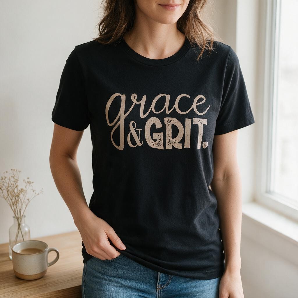 Doodlations Coffee Bar & Boutique black Lulu Mac Grace and Grit t-shirt with gold lettering worn by a woman
