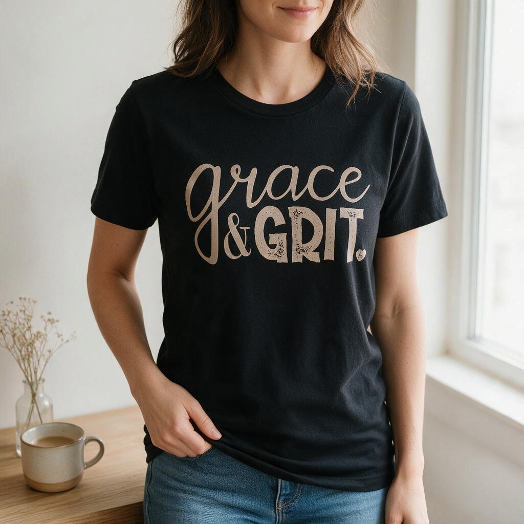Woman wearing a black Doodlations Coffee Bar & Boutique t-shirt with Grace and Grit printed in metallic gold lettering.