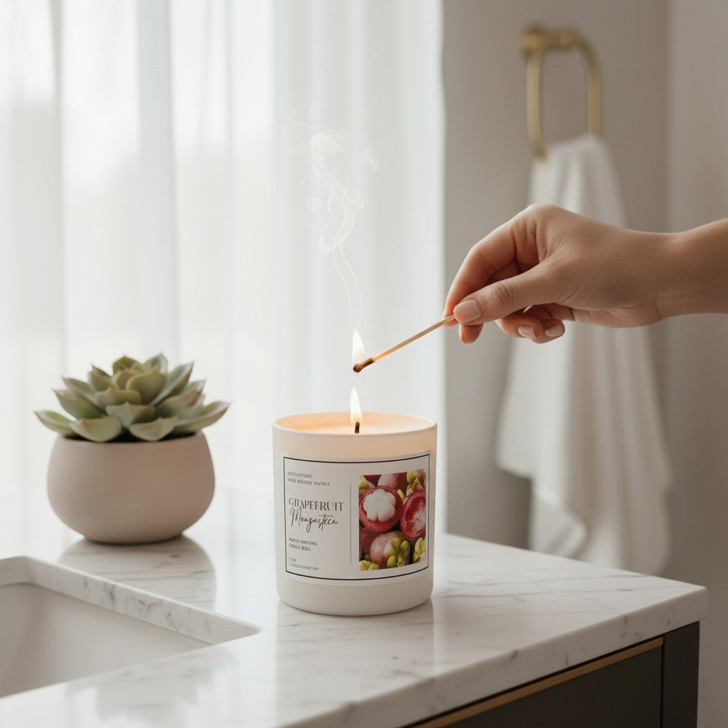 Doodlations Coffee Bar & Boutique luxury candle being lit on a marble bathroom vanity with a succulent plant nearby.