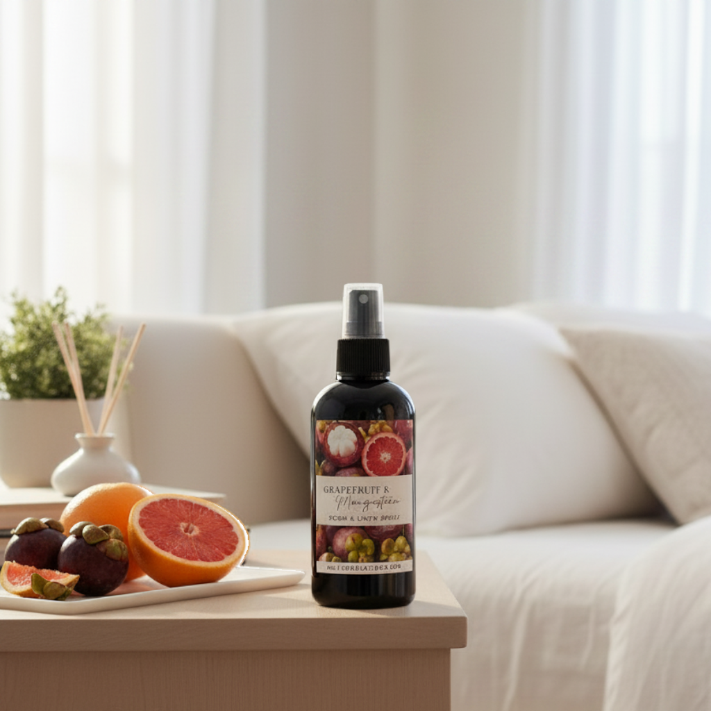 Doodlations Coffee Bar & Boutique grapefruit and mangosteen room and linen spray bottle on a wooden bedside table