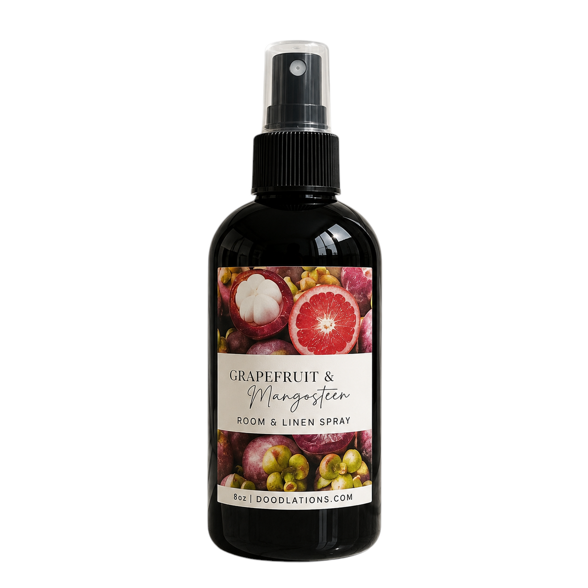 Doodlations Coffee Bar & Boutique Grapefruit & Mangosteen room and linen spray in a black bottle with fruit label