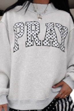 Doodlations Coffee Bar & Boutique gray mock neck sweatshirt with polka dot embroidered PRAY lettering