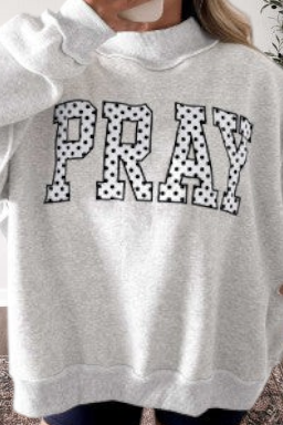 Doodlations Coffee Bar & Boutique gray mock neck sweatshirt with polka dot embroidered PRAY lettering