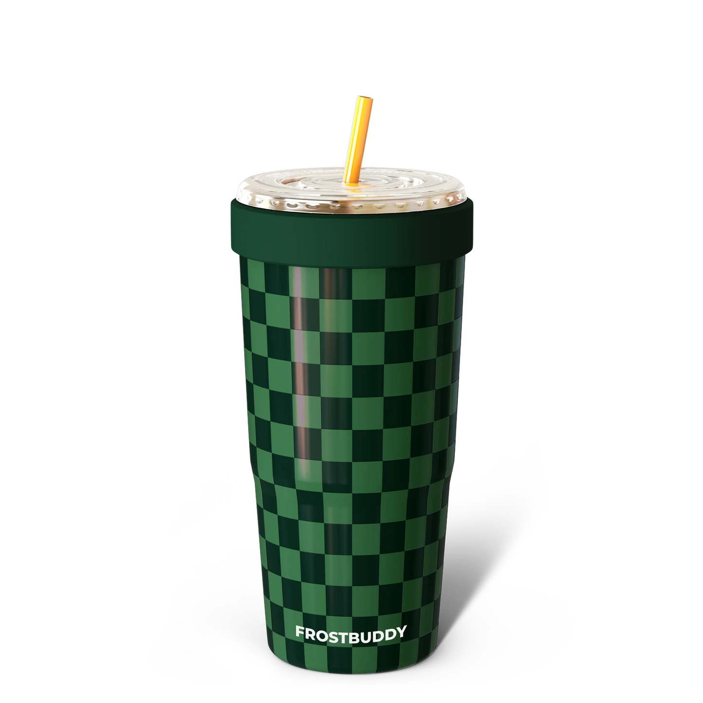 Doodlations Coffee Bar & Boutique green checkered To-Go Buddy tumbler with yellow straw. Stainless steel.