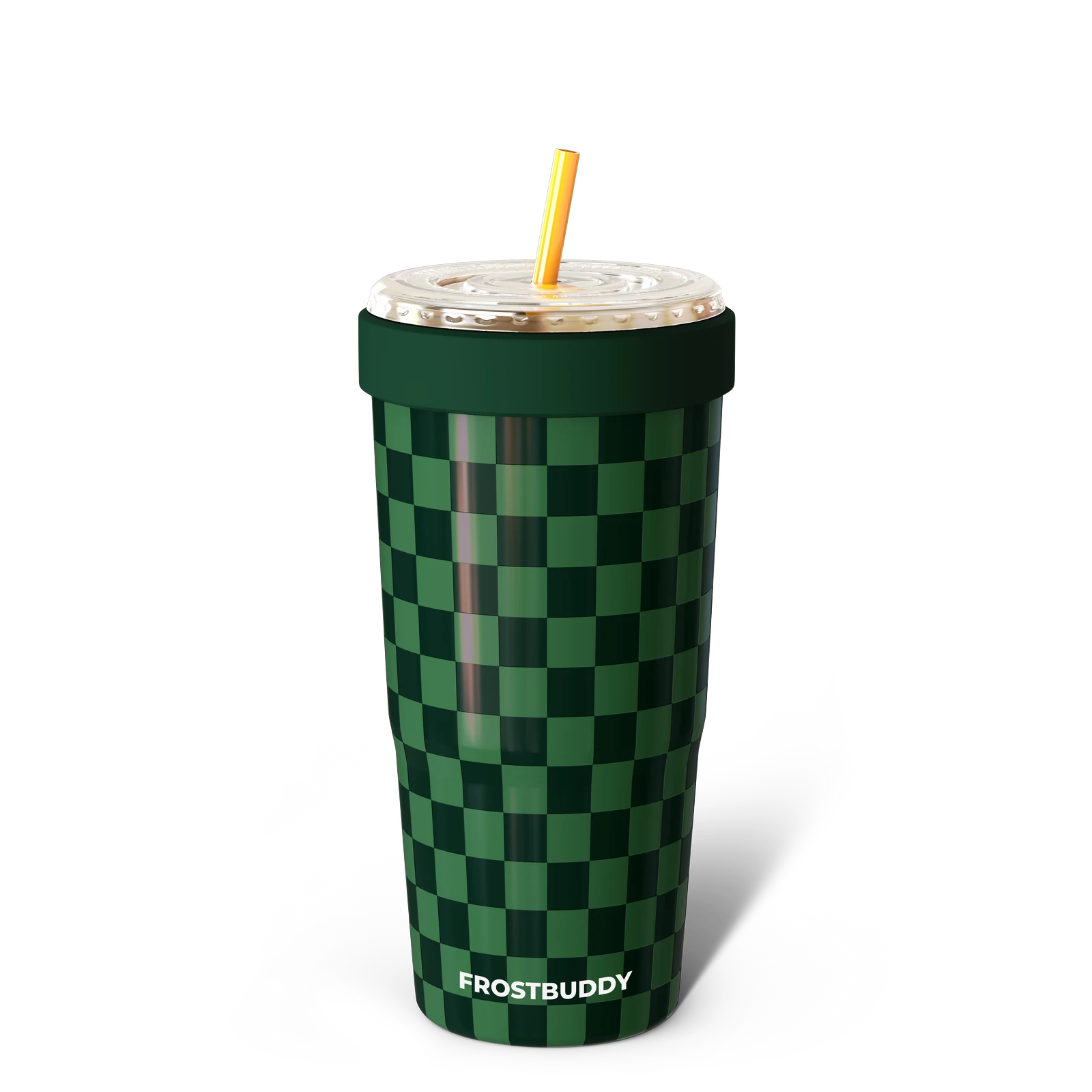 Doodlations Coffee Bar & Boutique green checkered To-Go Buddy tumbler with yellow straw. Stainless steel.