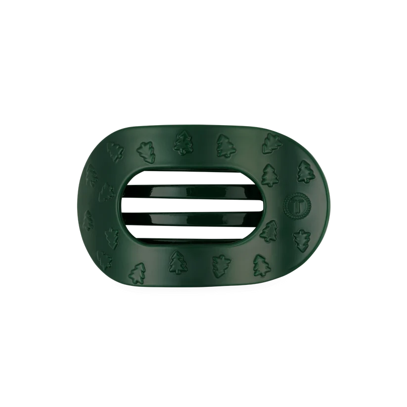 Doodlations Coffee Bar & Boutique Teleties dark green flat round hair clip with embossed Christmas tree pattern