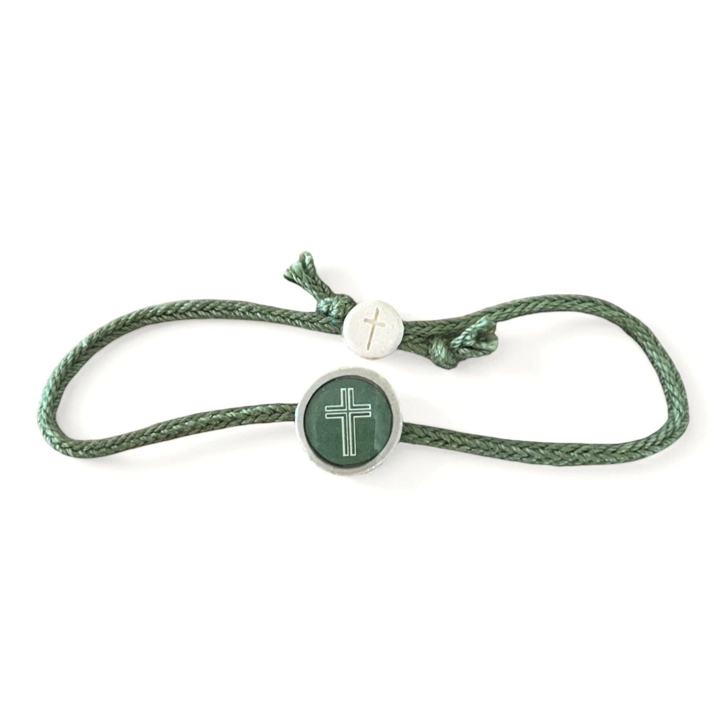 Doodlations Coffee Bar & Boutique moss green cord bracelet with a central cross charm and NFC technology for daily prayers.