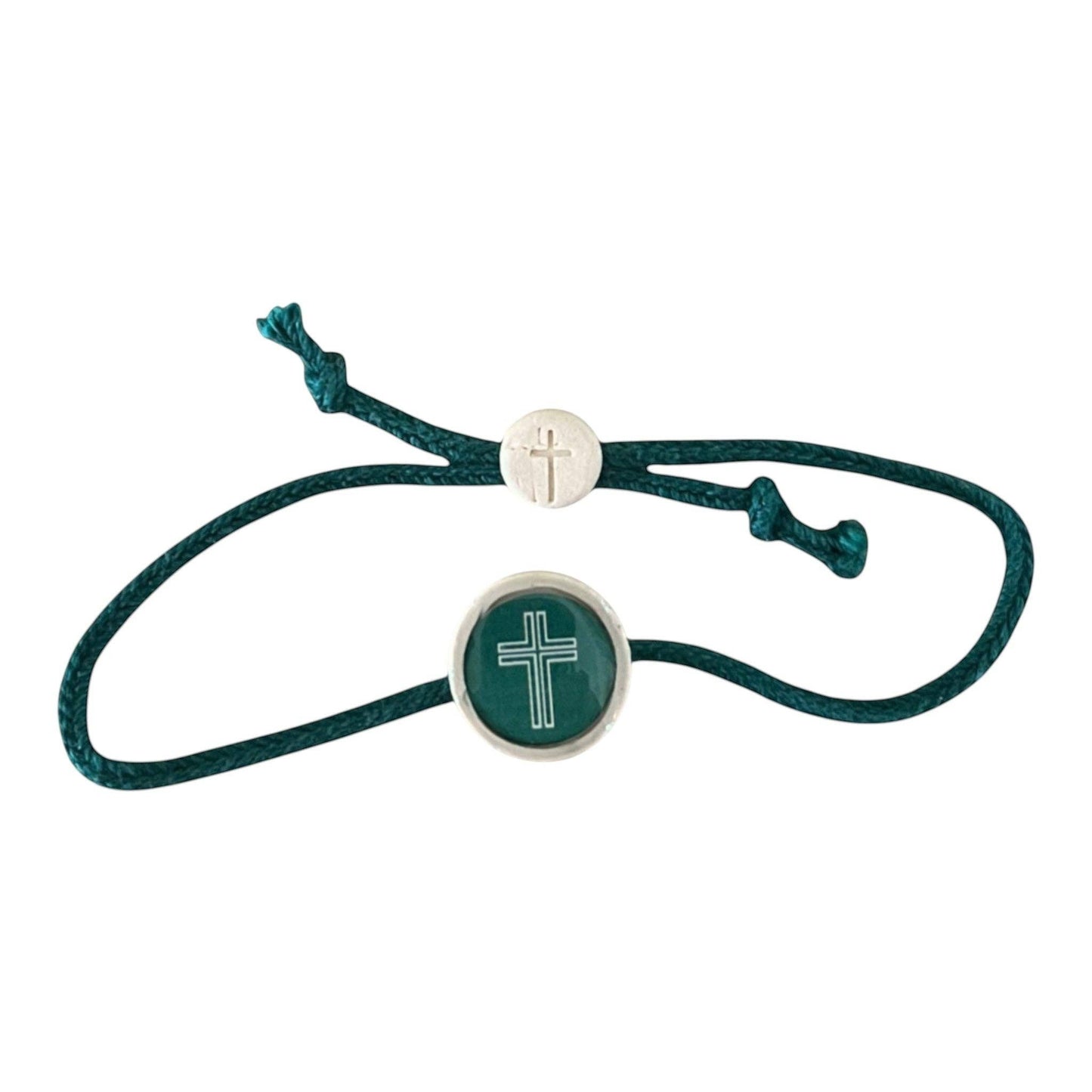 Doodlations Coffee Bar & Boutique moss green cord bracelet with a silver cross charm and NFC technology.