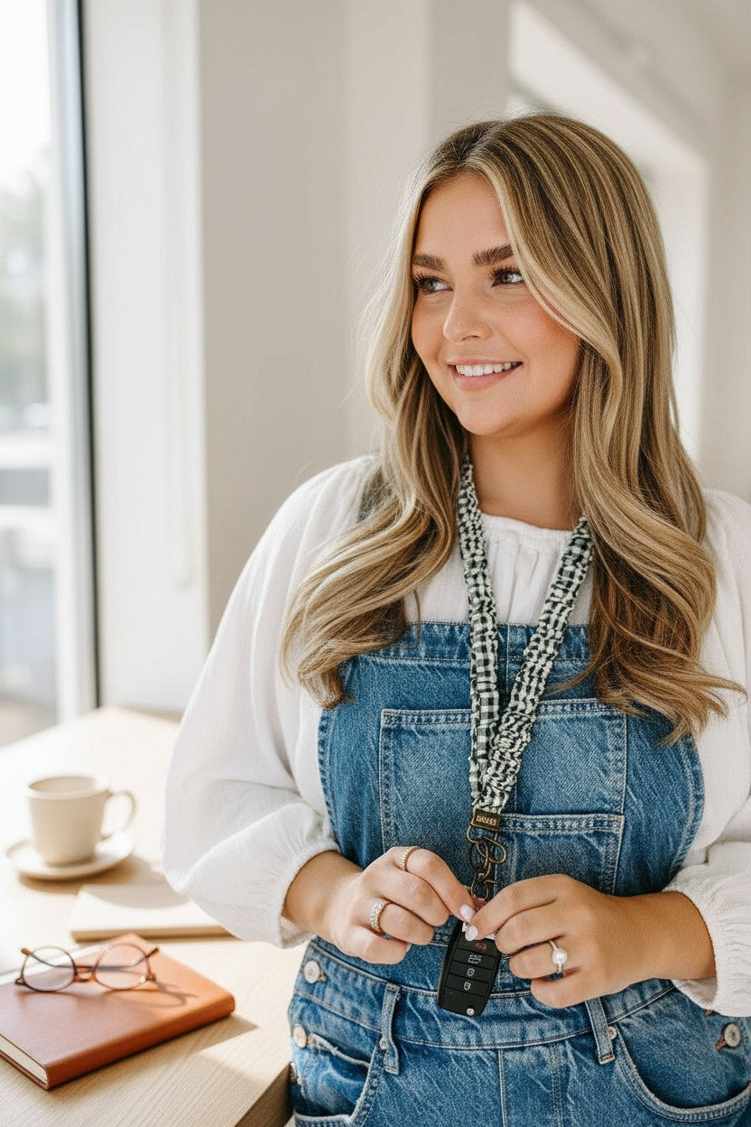 Woman wearing a Doodlations Coffee Bar & Boutique forest green and white gingham fabric lanyard with a car key fob