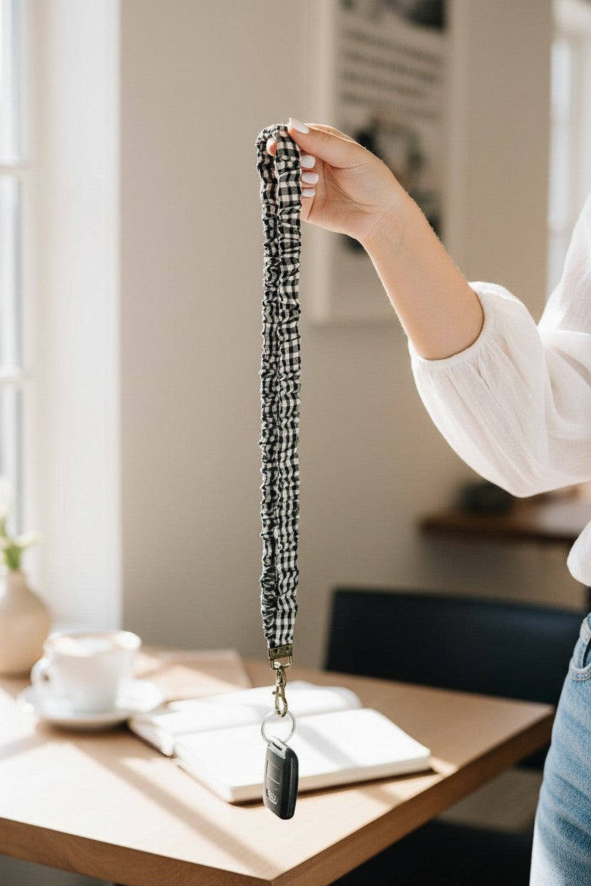 Doodlations Coffee Bar & Boutique forest green and white gingham fabric lanyard held by a hand in a bright cafe