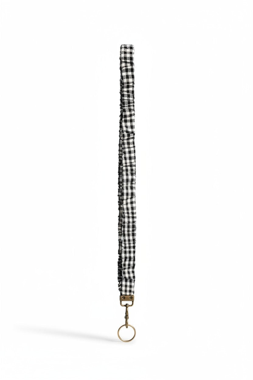 Doodlations Coffee Bar & Boutique forest green and white gingham fabric lanyard with a gold metal clasp