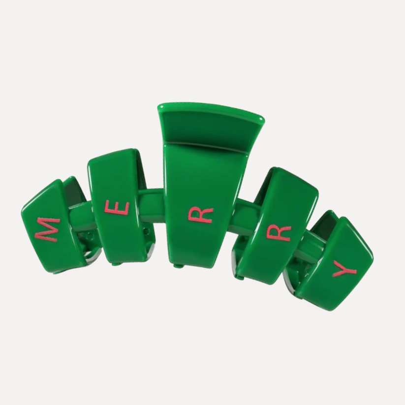 Doodlations Coffee Bar & Boutique green Teletie classic claw clip with red Merry lettering for holiday hairstyles