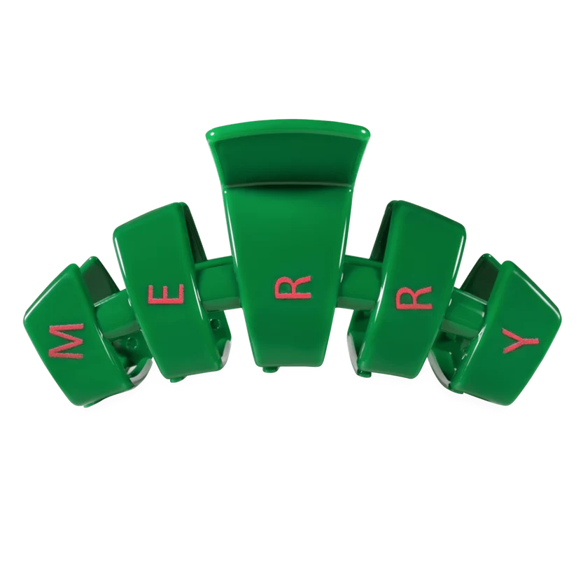 Doodlations Coffee Bar & Boutique green Teletie classic claw clip with pink Merry text for holiday hairstyles