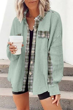 Doodlations Coffee Bar & Boutique grass green waffle knit shacket with plaid patchwork details and button-front