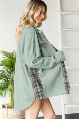 Doodlations Coffee Bar & Boutique grass green waffle thermal shacket with plaid patchwork side panels and button front