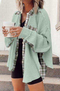 Doodlations Coffee Bar & Boutique grass green waffle knit shacket with plaid patchwork details and button front