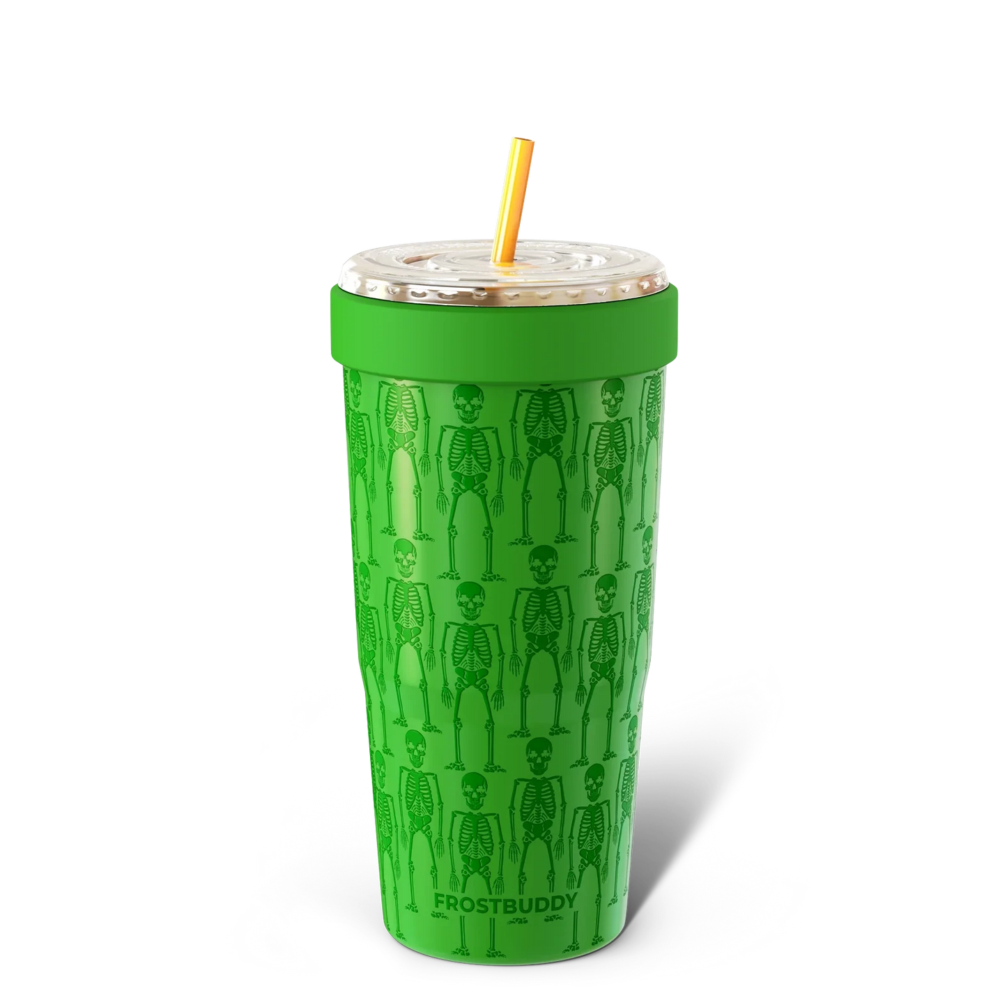 Doodlations Coffee Bar & Boutique green stainless steel tumbler with skeleton pattern and yellow straw.