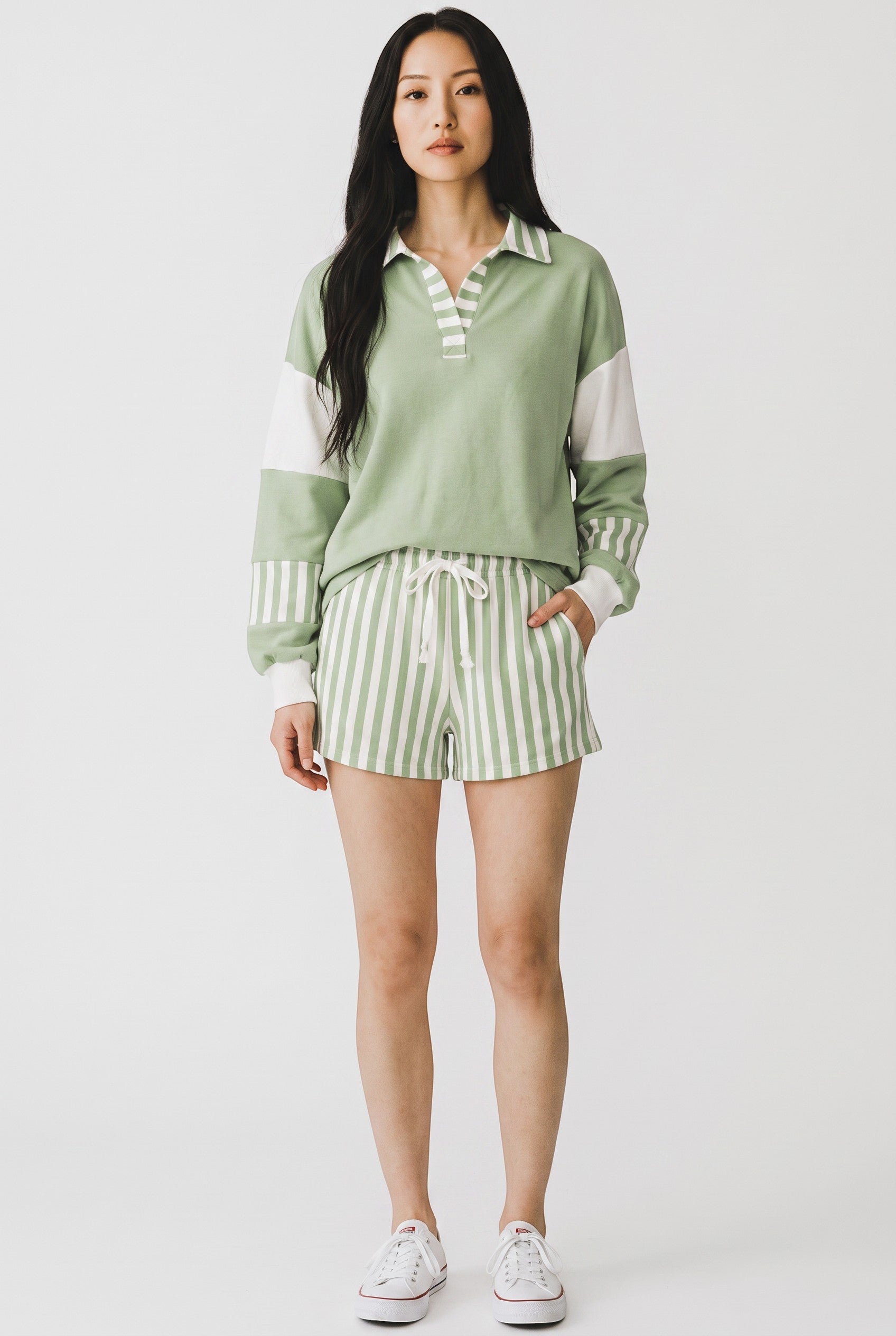 Doodlations Coffee Bar & Boutique smoke green striped color block pullover top and drawstring shorts lounge set