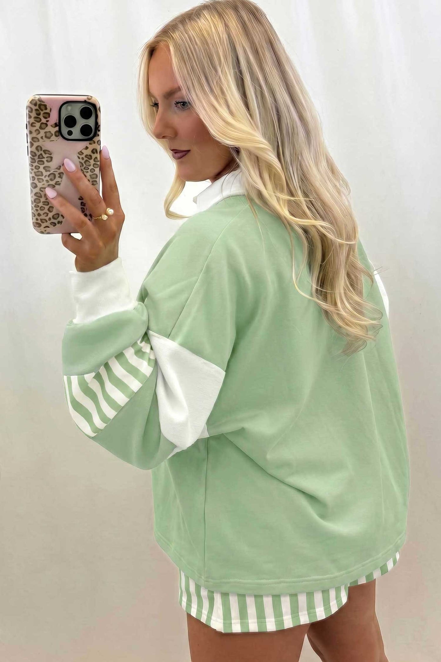Doodlations Coffee Bar & Boutique smoke green and white striped color block pullover top and matching shorts set