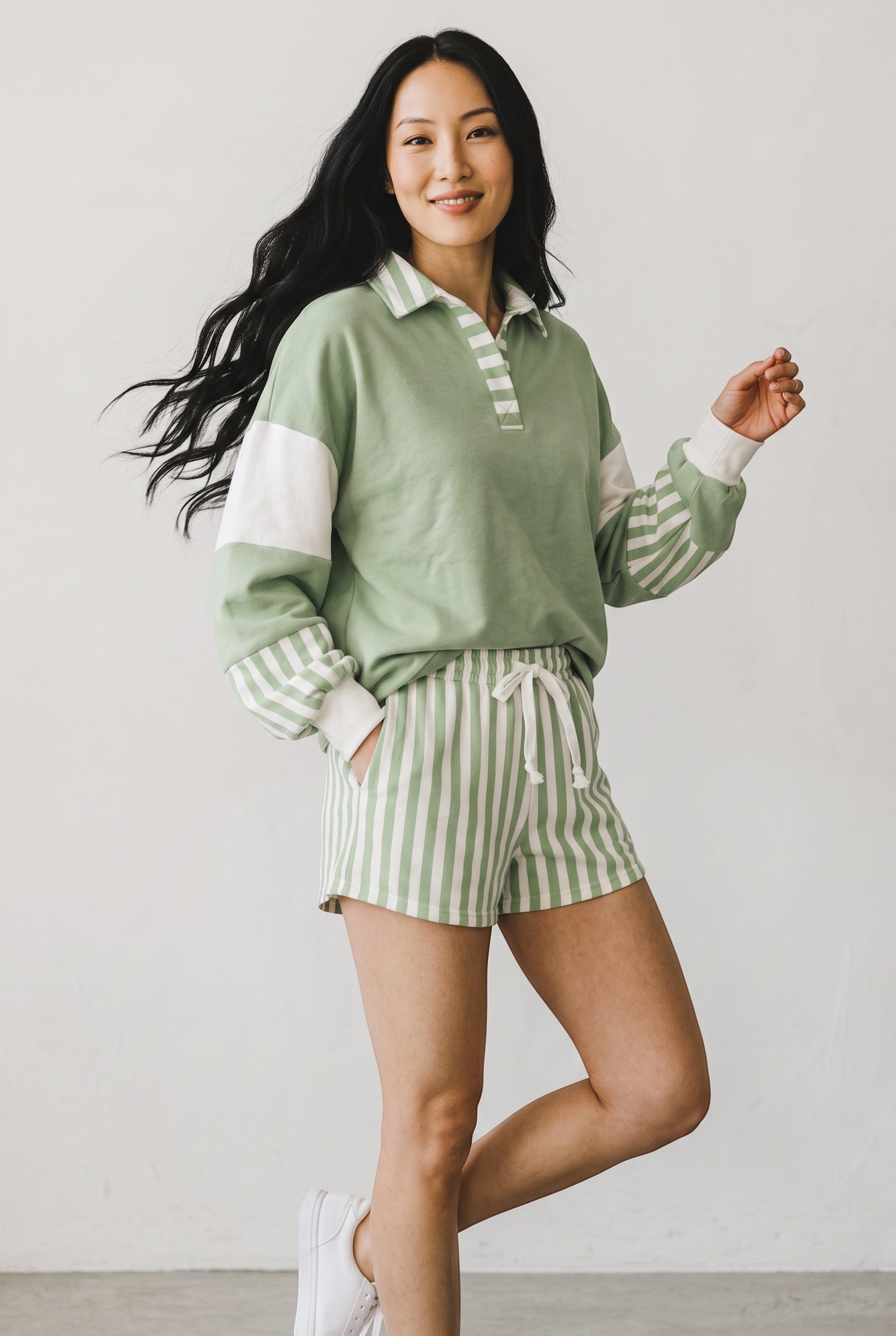 Doodlations Coffee Bar & Boutique smoke green striped color block pullover top and matching drawstring shorts set