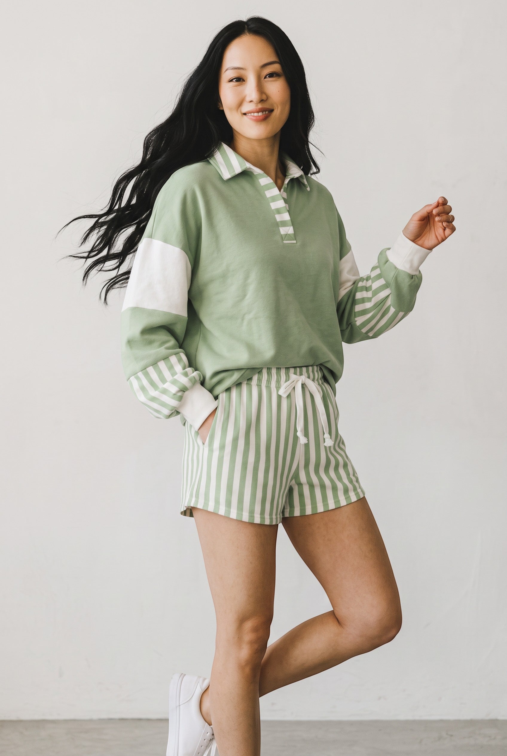 Doodlations Coffee Bar & Boutique smoke green striped color block pullover top and matching drawstring shorts set