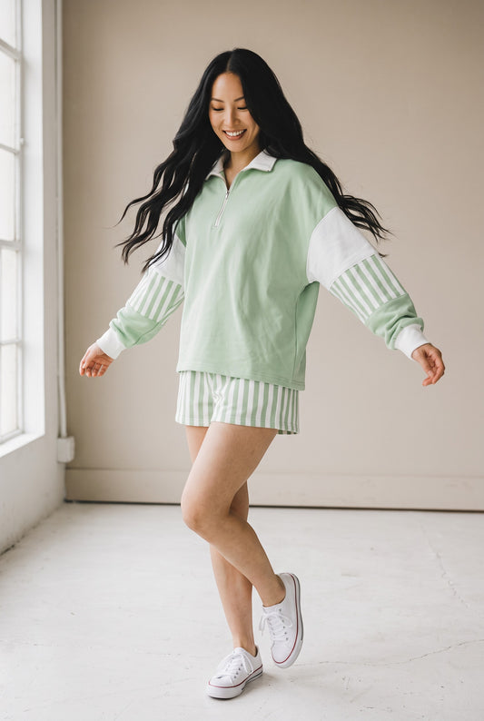 Doodlations Coffee Bar & Boutique smoke green striped color block pullover and matching drawstring shorts set