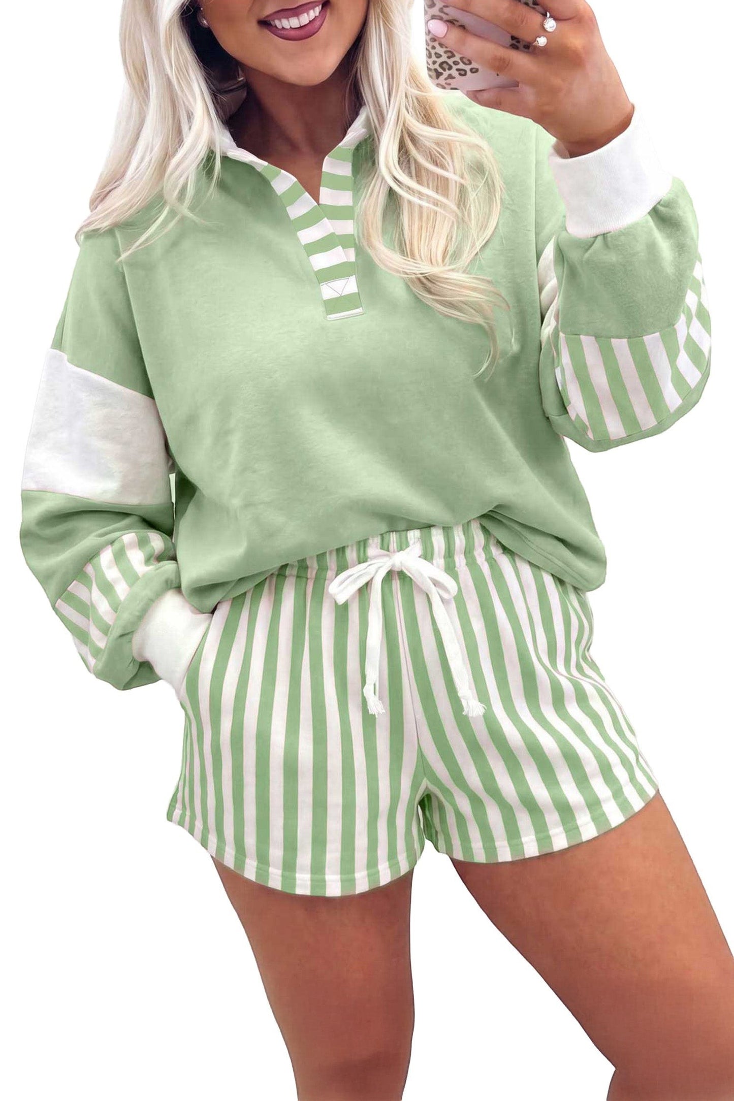 Doodlations Coffee Bar & Boutique smoke green striped color block pullover top and matching drawstring shorts set