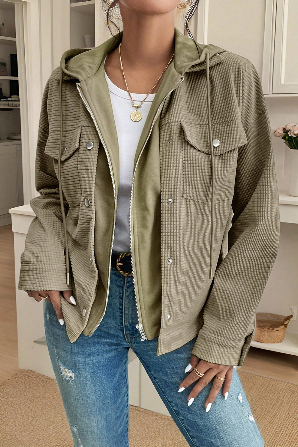Doodlations Coffee Bar & Boutique laurel green textured hooded shacket with flap pockets and zip front closure