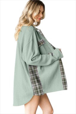 Doodlations Coffee Bar & Boutique grass green waffle knit shacket with plaid patchwork side panels and button front