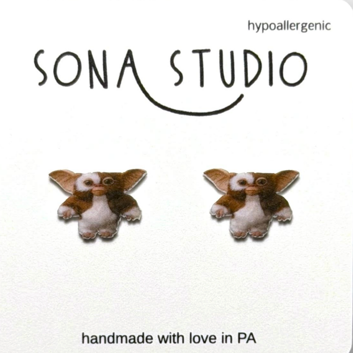 Doodlations Coffee Bar & Boutique Before Midnight handmade stud earrings featuring brown and white Gremlin characters.