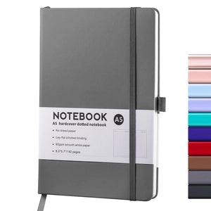 Doodlations Coffee Bar & Boutique A5 grey hardcover dotted journal with elastic closure and pen loop