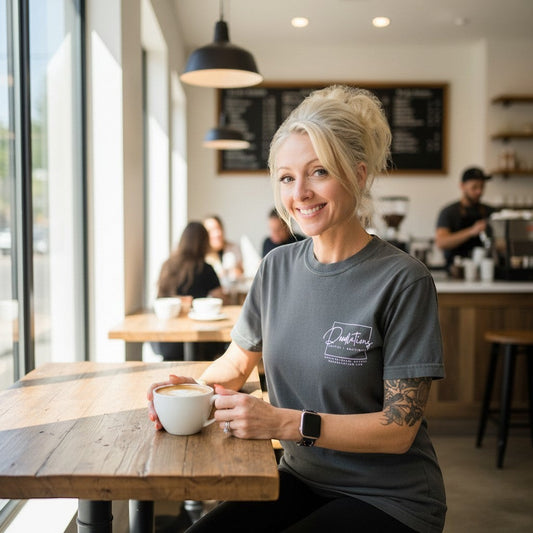 Doodlations Coffee Bar & Boutique grey cotton graphic tee worn by a smiling woman holding a coffee cup at a cafe.