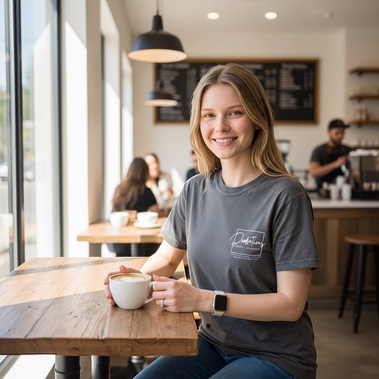Woman wearing a grey Doodlations Coffee Bar & Boutique graphic tee while holding a coffee cup in a cafe.